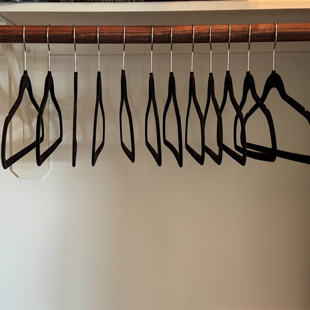 Set of 12 Velvet Non-Slip Hangers, Heavy Duty, Slim Profile - Black Silver Hook